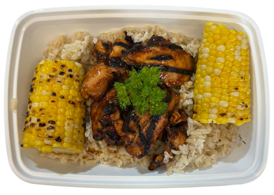 BBQ Chicken Thigh with Brown Rice and Grilled corn