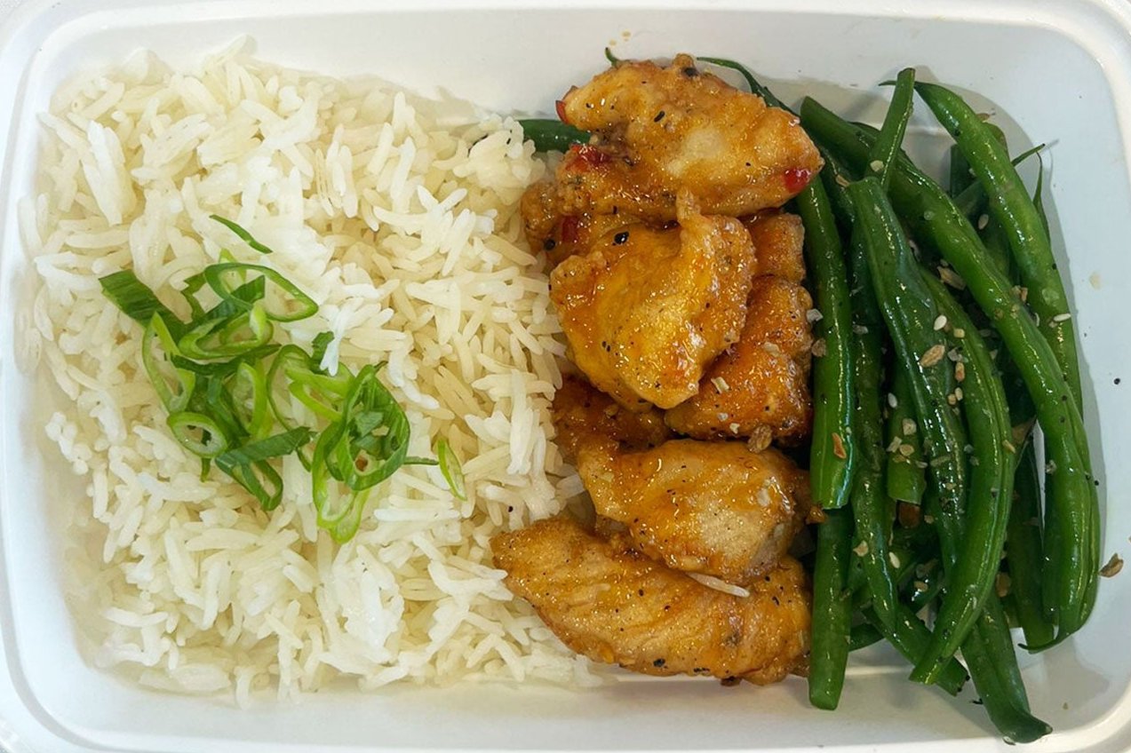 Sweet Chili Chicken Bites with Rice and Sesame Beans